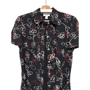 Talbots Women Floral Print Button Up Short Sleeve Shirt Dress Black Red, Size 10